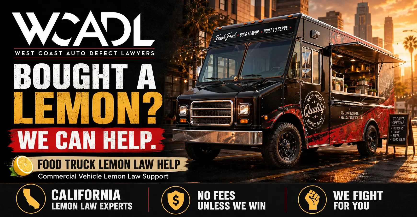 A WCADL Banner telling Food truck owners to call them if they got a lemon.