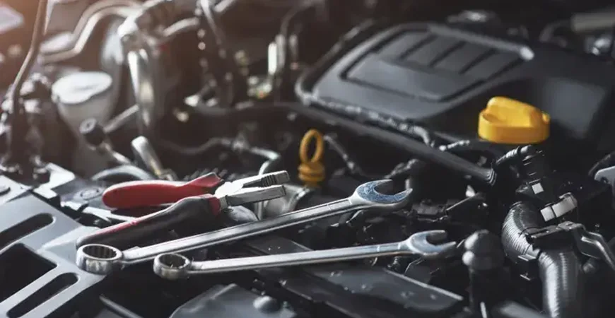 A car engine with tools on top of it.
